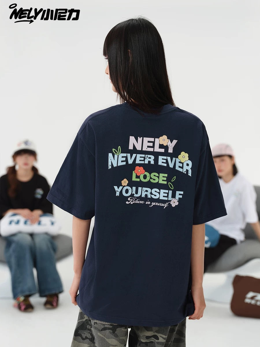 NELY Little Nelly Graffiti Flower Color Letter Short Sleeve T-shirt Men and Women Korean Small Round Neck Cotton Top Trend