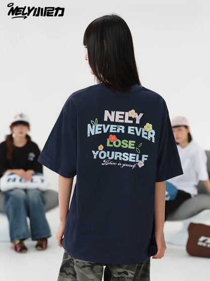 NELY Little Nelly Graffiti Flower Color Letter Short Sleeve T-shirt Men and Women Korean Small Round Neck Cotton Top Trend