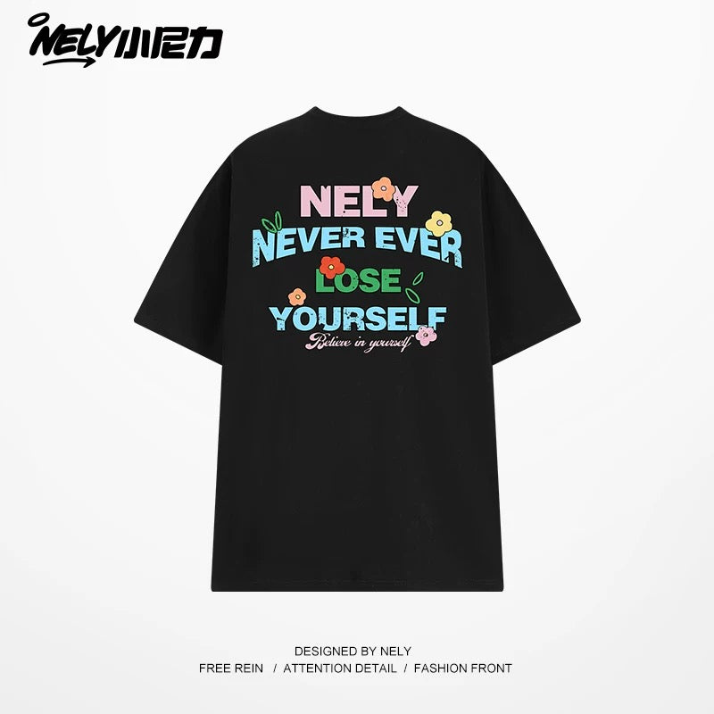 NELY Little Nelly Graffiti Flower Color Letter Short Sleeve T-shirt Men and Women Korean Small Round Neck Cotton Top Trend