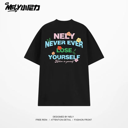 NELY Little Nelly Graffiti Flower Color Letter Short Sleeve T-shirt Men and Women Korean Small Round Neck Cotton Top Trend