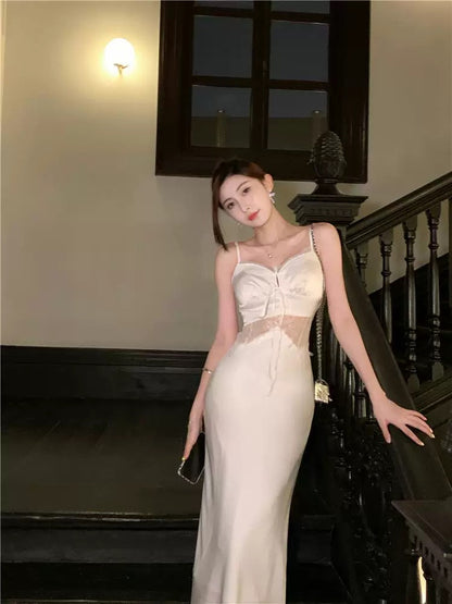 Qian Anan hollow see-through sexy imitation silk satin and lace mid-length dress with small straps and fishtail dress