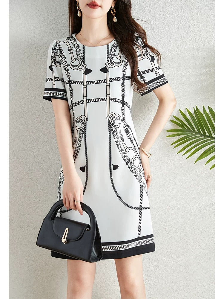 French retro positioning printed dress for women 2024 summer new style waist slimming and elegant a-line skirt