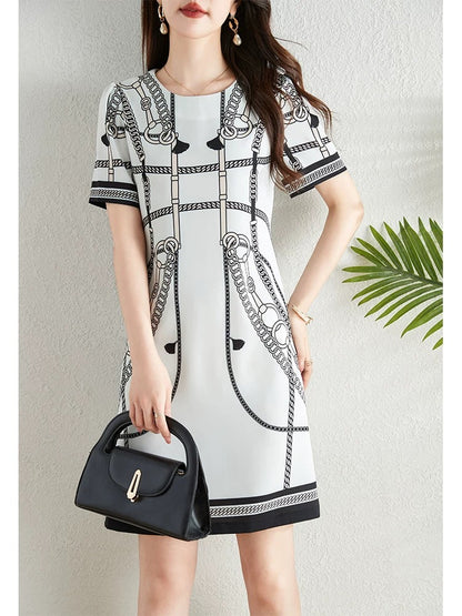 French retro positioning printed dress for women 2024 summer new style waist slimming and elegant a-line skirt