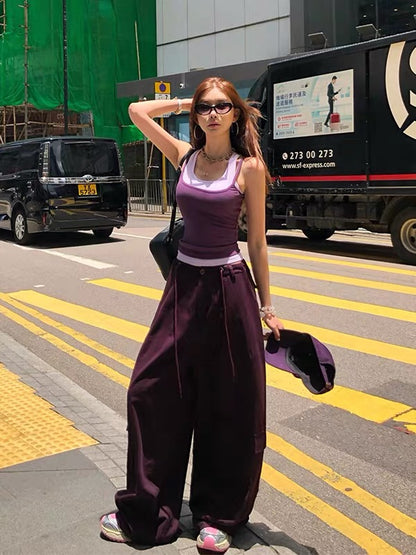 KE QIN American Retro Hot Girl Faux Two-Piece Camisole Vest for Women, Summer Slim Fit Short Top