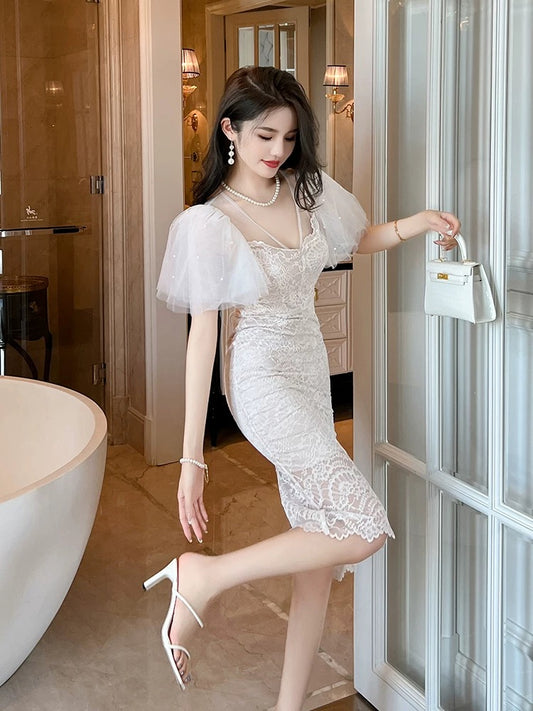 Gentle style pure lace dress women's high-end v-neck mesh short sleeves slim fit slim mid-length skirt summer