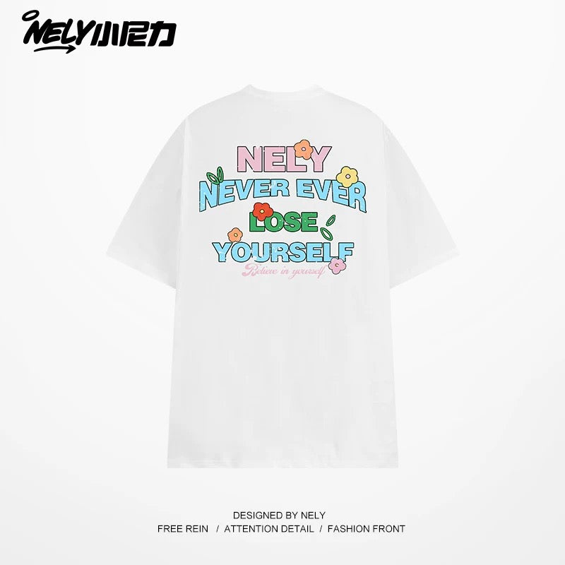 NELY Little Nelly Graffiti Flower Color Letter Short Sleeve T-shirt Men and Women Korean Small Round Neck Cotton Top Trend