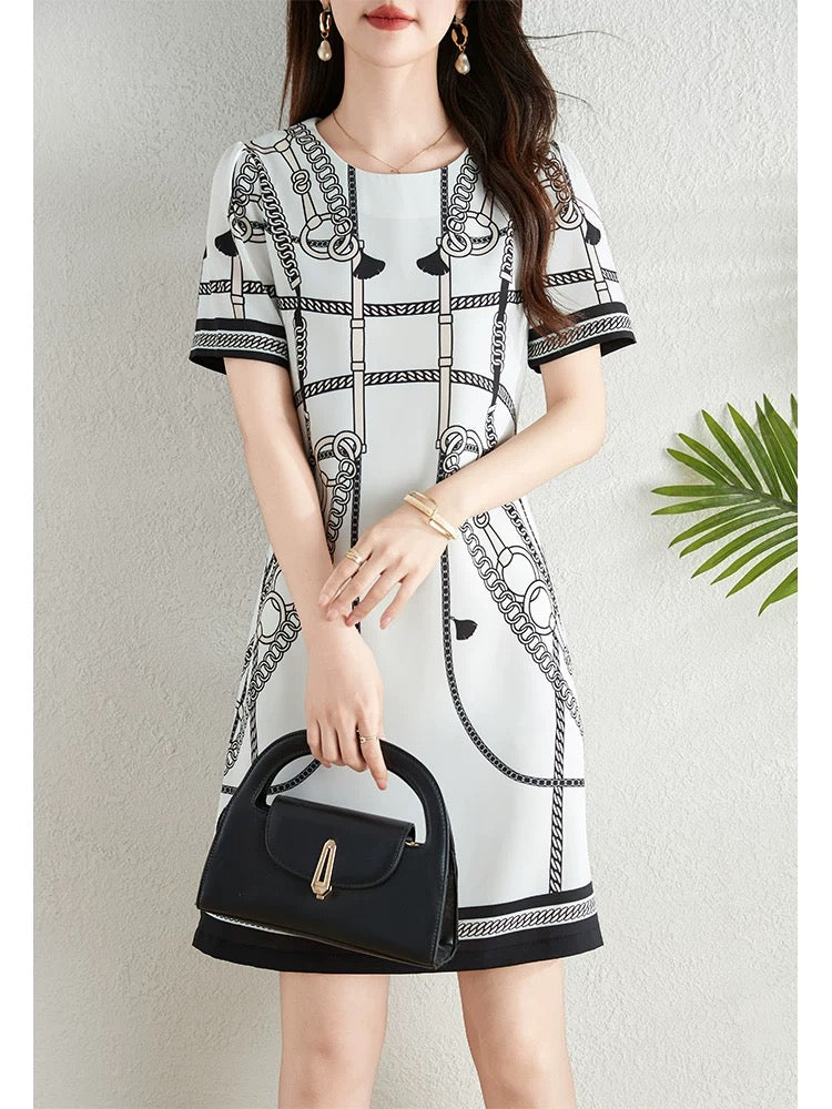 French retro positioning printed dress for women 2024 summer new style waist slimming and elegant a-line skirt