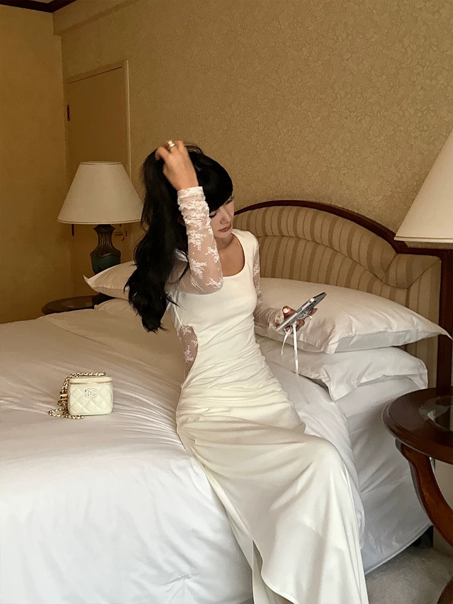 VENUIE off-white irregular hem long-sleeved dress French temperament lace splicing slim waist long skirt