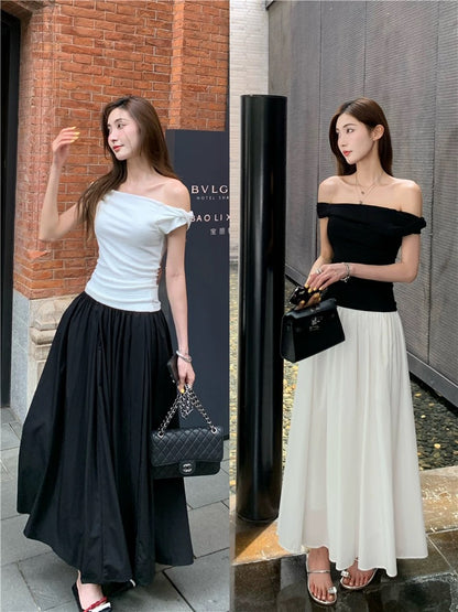 French simple black and white slim fit and versatile one-line collar large off-shoulder sexy short T-shirt top for women new style