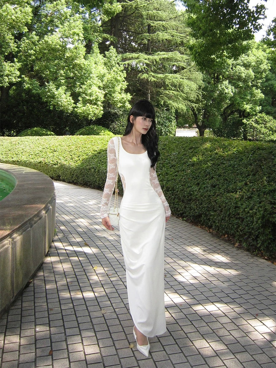 VENUIE off-white irregular hem long-sleeved dress French temperament lace splicing slim waist long skirt