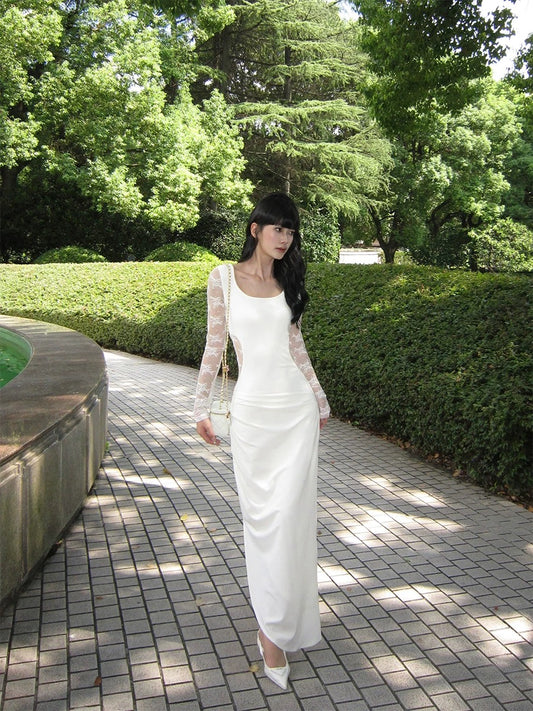 VENUIE off-white irregular hem long-sleeved dress French temperament lace splicing slim waist long skirt