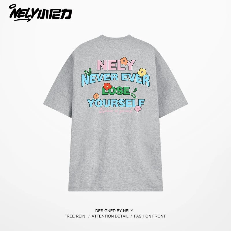 NELY Little Nelly Graffiti Flower Color Letter Short Sleeve T-shirt Men and Women Korean Small Round Neck Cotton Top Trend