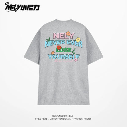 NELY Little Nelly Graffiti Flower Color Letter Short Sleeve T-shirt Men and Women Korean Small Round Neck Cotton Top Trend
