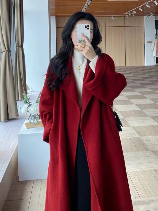 Sicilian red double-sided cashmere coat women's mid-length 2024 autumn and winter new loose high-end woolen coat