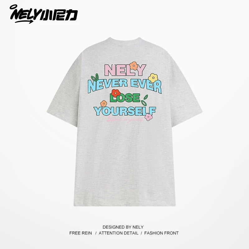 NELY Little Nelly Graffiti Flower Color Letter Short Sleeve T-shirt Men and Women Korean Small Round Neck Cotton Top Trend