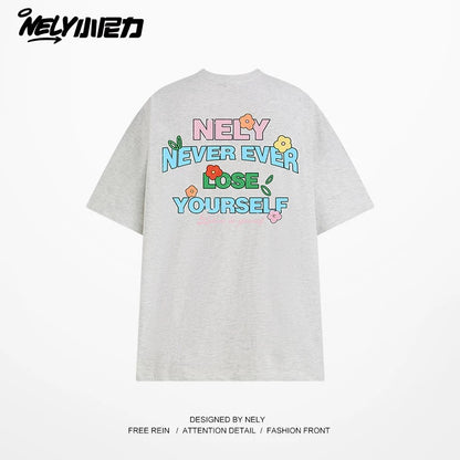 NELY Little Nelly Graffiti Flower Color Letter Short Sleeve T-shirt Men and Women Korean Small Round Neck Cotton Top Trend