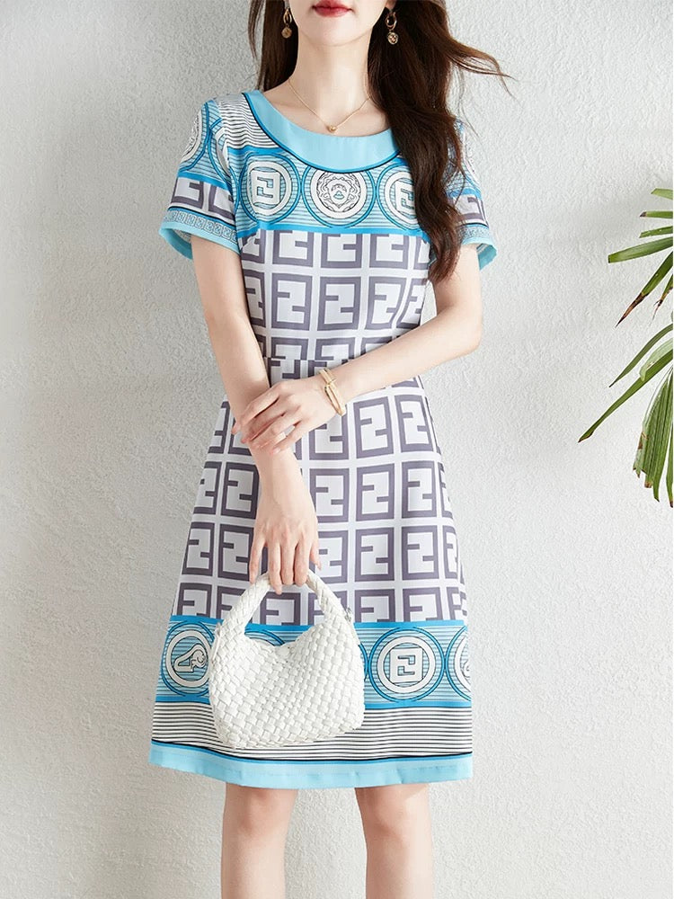 Unique design fashion printed dress women summer 2024 new French style temperament age-reducing waist slimming skirt