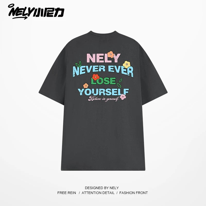 NELY Little Nelly Graffiti Flower Color Letter Short Sleeve T-shirt Men and Women Korean Small Round Neck Cotton Top Trend