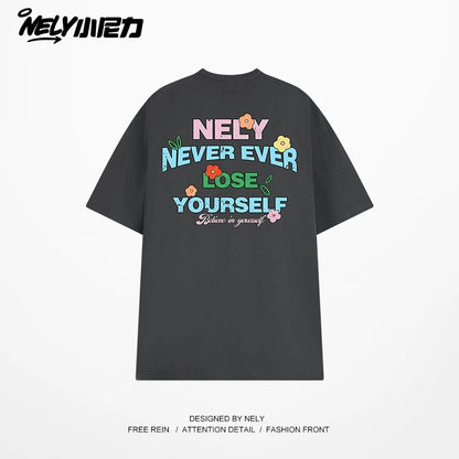 NELY Little Nelly Graffiti Flower Color Letter Short Sleeve T-shirt Men and Women Korean Small Round Neck Cotton Top Trend