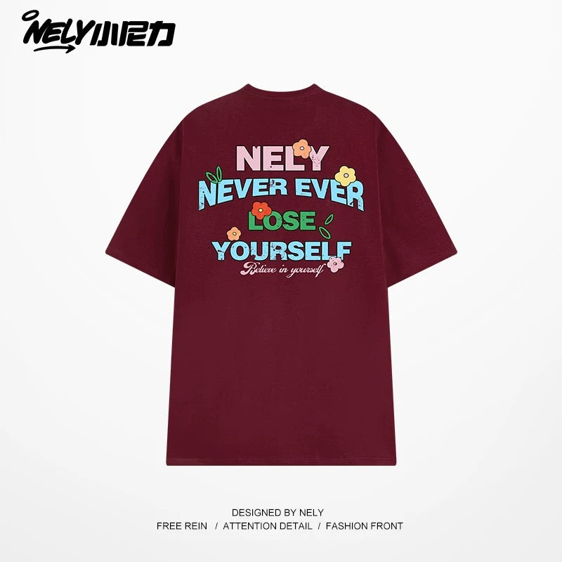 NELY Little Nelly Graffiti Flower Color Letter Short Sleeve T-shirt Men and Women Korean Small Round Neck Cotton Top Trend