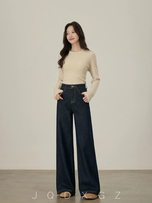 The rise of small women's raw cow-colored jeans, drapey high-waisted loose pants, pear-shaped body straight wide-leg pants