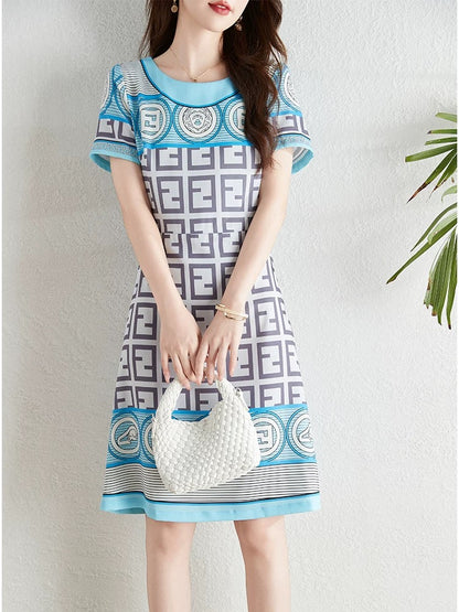 Unique design fashion printed dress women summer 2024 new French style temperament age-reducing waist slimming skirt