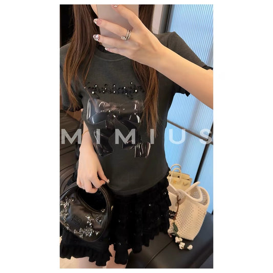 Yu Lulu Korean Style Sweet Slim Fit T-Shirt Women's 2026 Summer New Lace Print Round Neck Short Sleeve Top