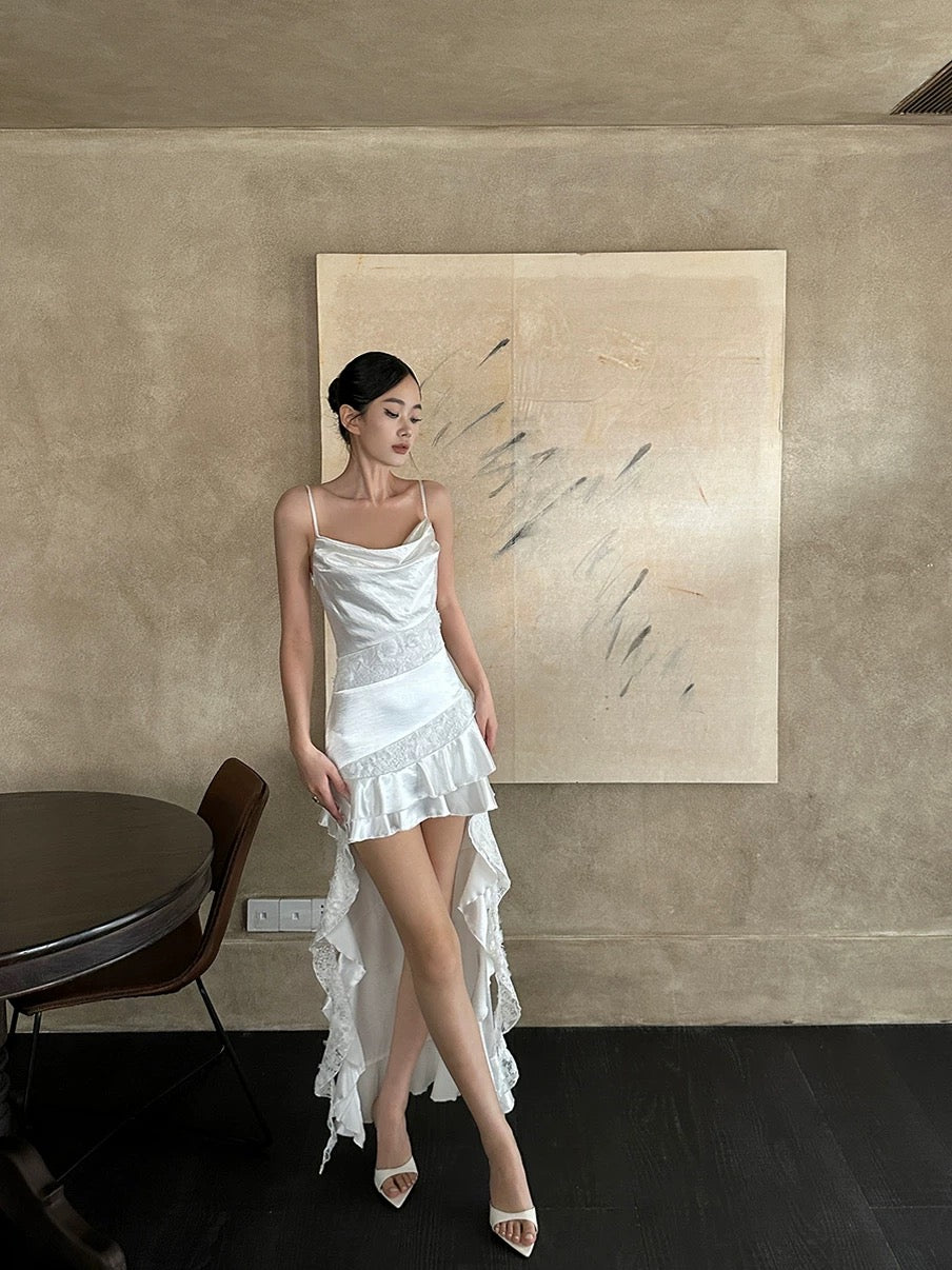 VENUIE white irregular ruffled satin dress female original design lace splicing suspender long skirt