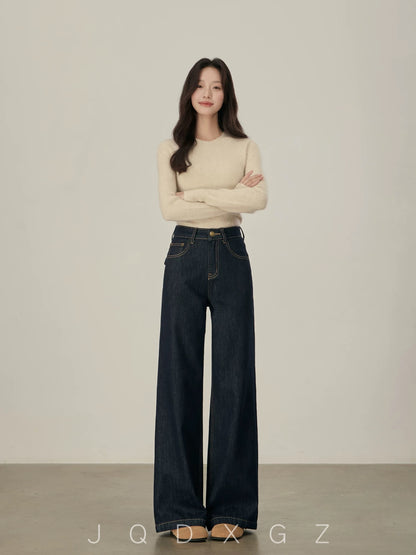 The rise of small women's raw cow-colored jeans, drapey high-waisted loose pants, pear-shaped body straight wide-leg pants