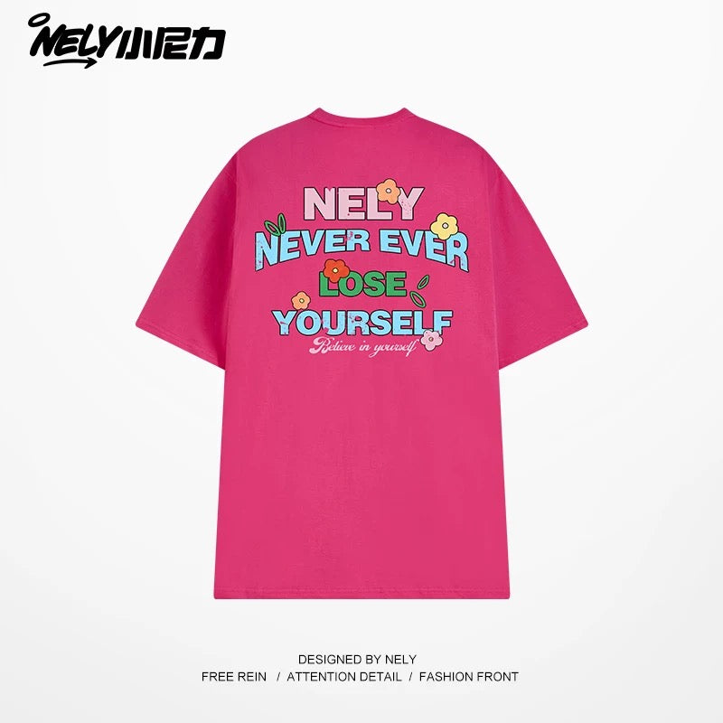 NELY Little Nelly Graffiti Flower Color Letter Short Sleeve T-shirt Men and Women Korean Small Round Neck Cotton Top Trend
