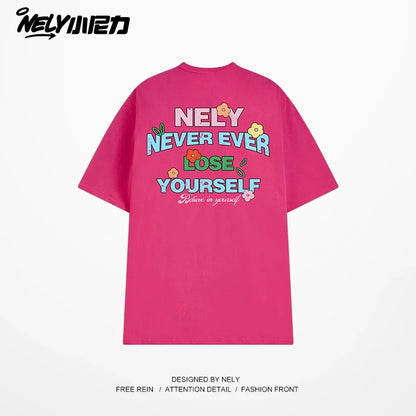 NELY Little Nelly Graffiti Flower Color Letter Short Sleeve T-shirt Men and Women Korean Small Round Neck Cotton Top Trend