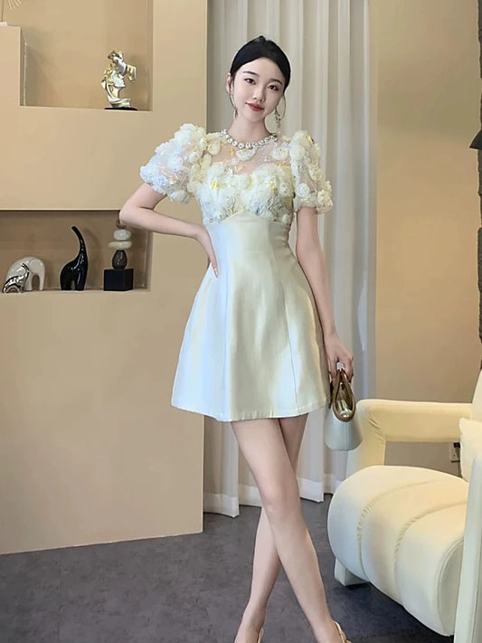 French dress women 2025 new summer light luxury high-end sense sweet or salty heavy work piece receiving waist A-line skirt