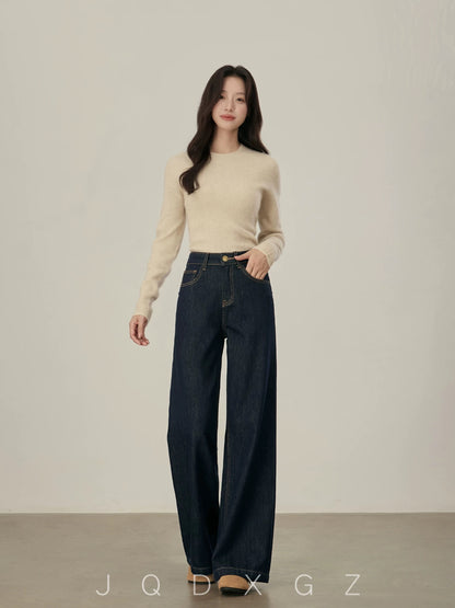 The rise of small women's raw cow-colored jeans, drapey high-waisted loose pants, pear-shaped body straight wide-leg pants