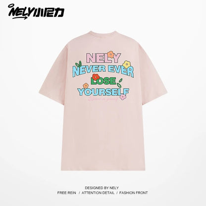 NELY Little Nelly Graffiti Flower Color Letter Short Sleeve T-shirt Men and Women Korean Small Round Neck Cotton Top Trend