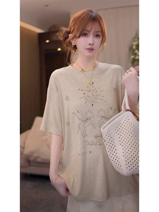 Yululu Year of the Horse Limited Edition Rhinestone Pony Print T-Shirt for Women, Summer, Silk Wool, Short Sleeve, Loose Fit, Slimming Top
