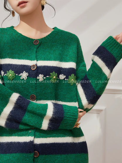 Lulu's style, versatile color-blocked striped knit cardigan, new autumn/winter style, loose fit, slimming sweater coat.