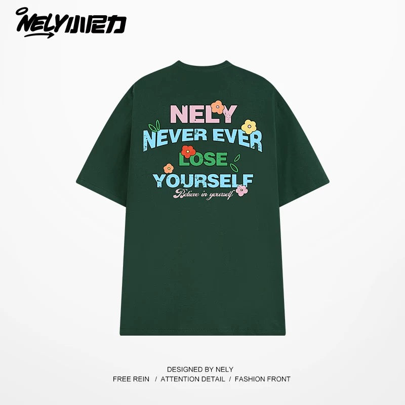 NELY Little Nelly Graffiti Flower Color Letter Short Sleeve T-shirt Men and Women Korean Small Round Neck Cotton Top Trend