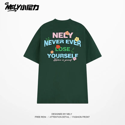 NELY Little Nelly Graffiti Flower Color Letter Short Sleeve T-shirt Men and Women Korean Small Round Neck Cotton Top Trend