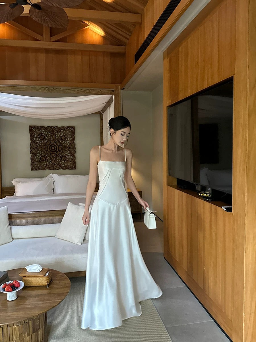 VENUIE white satin suspender dress for women French style high-end back strap waist slimming A-line long skirt