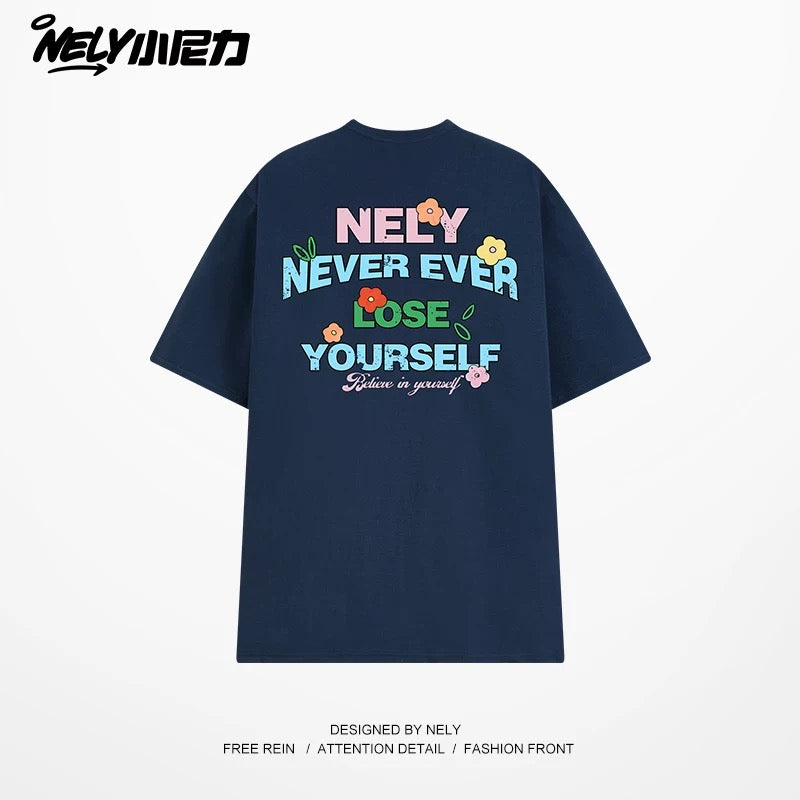 NELY Little Nelly Graffiti Flower Color Letter Short Sleeve T-shirt Men and Women Korean Small Round Neck Cotton Top Trend