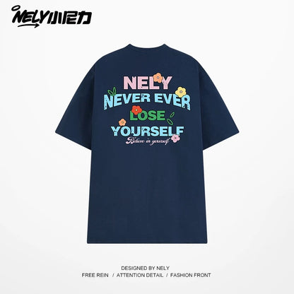 NELY Little Nelly Graffiti Flower Color Letter Short Sleeve T-shirt Men and Women Korean Small Round Neck Cotton Top Trend