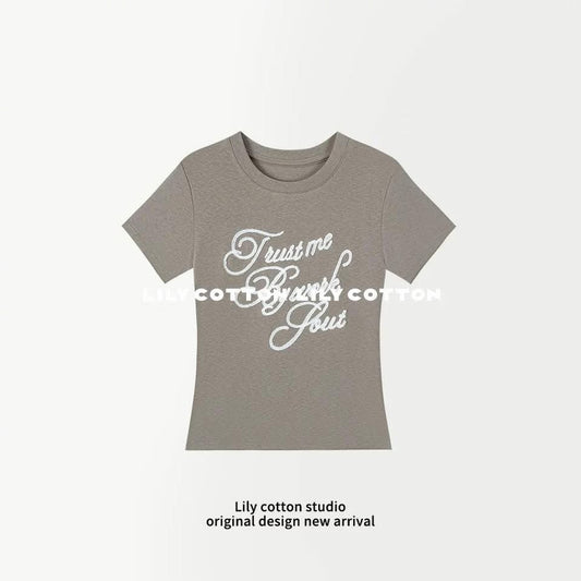 Delicate Letter Embroidery Short-Sleeve T-Shirt, Casual and Simple, Slimming Waist-Defining Raglan Shoulder Top XR-271099