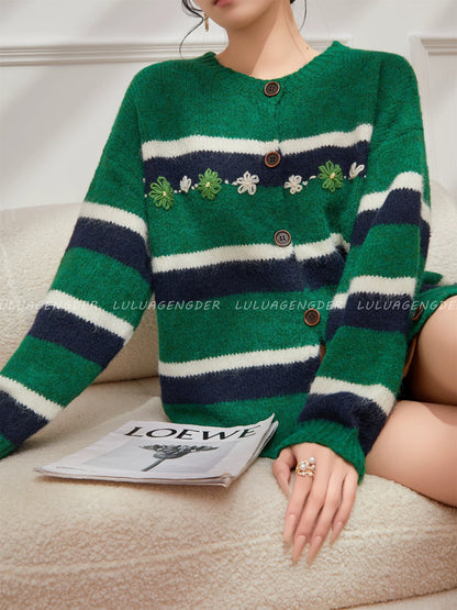 Lulu's style, versatile color-blocked striped knit cardigan, new autumn/winter style, loose fit, slimming sweater coat.