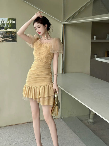 Mesh dress for summer women, covering the flesh and making you look thin, high-end French lady temperament, slim hip-wrapped fishtail skirt