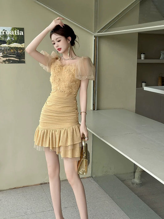 Mesh dress for summer women, covering the flesh and making you look thin, high-end French lady temperament, slim hip-wrapped fishtail skirt
