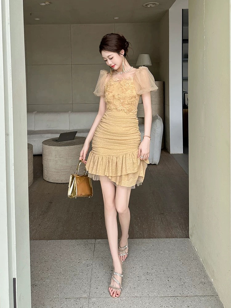 Mesh dress for summer women, covering the flesh and making you look thin, high-end French lady temperament, slim hip-wrapped fishtail skirt
