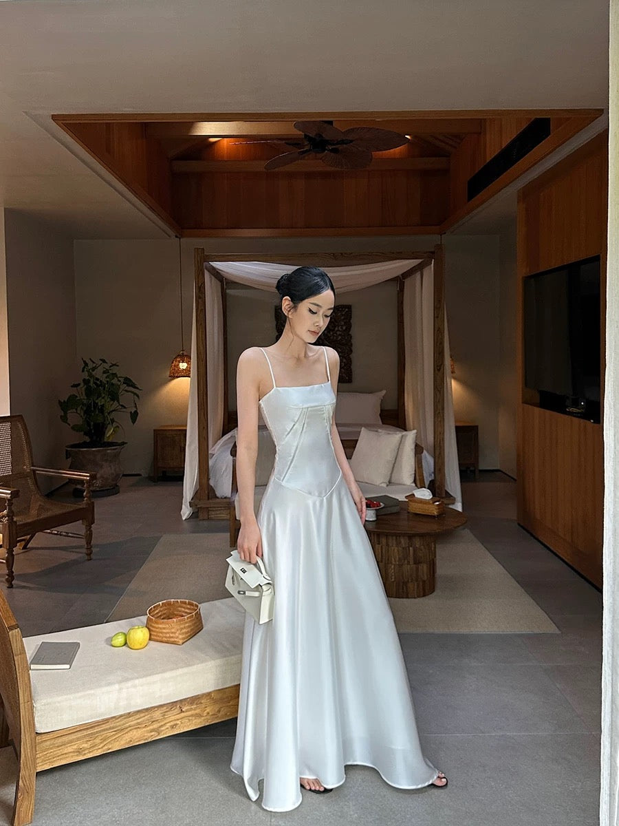 VENUIE white satin suspender dress for women French style high-end back strap waist slimming A-line long skirt