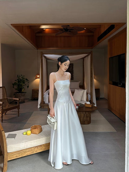 VENUIE white satin suspender dress for women French style high-end back strap waist slimming A-line long skirt