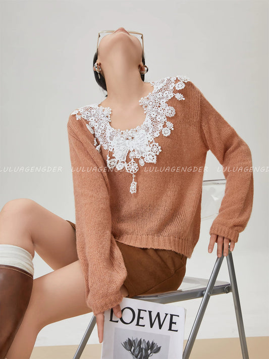 Lulu's Korean-style pretty early autumn sweater, new autumn style, elegant lace knit design, long-sleeved knitwear.