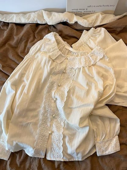 Japanese-style minimalist cotton-gauze pajama set for women—2026 spring new arrival featuring lace trim, a loose fit, and long sleeves with trousers.